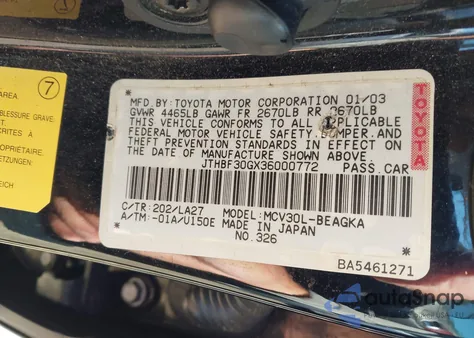 2003 Lexus Es from USA, damaged, VIN JTHBF30GX36000772